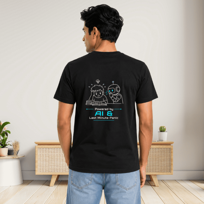 Powered By AI & Last Minute Panic Graphic T-Shirt – Premium cotton